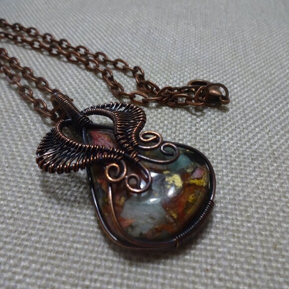 Rustic OYSTER TURQUOISE Handmade COPPER WIRE-WRAPPED PENDANT/Chain #361C - Picture 3 of 3
